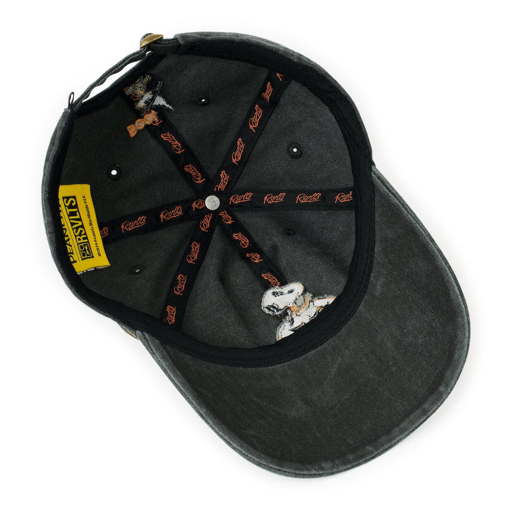 Charcoal dad hat interior view with stitching, tags, and adjustable strap