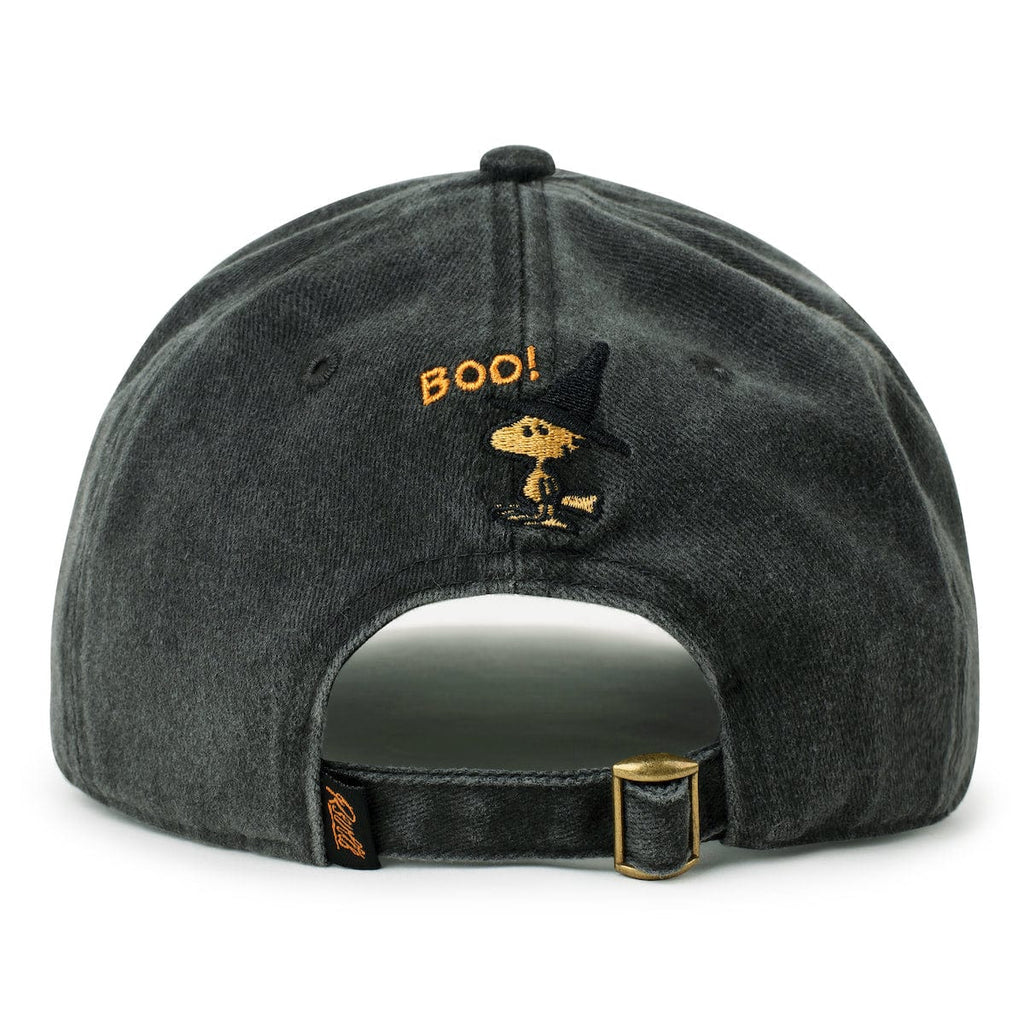 Charcoal dad hat underside view with “BOO!” embroidery and back strap