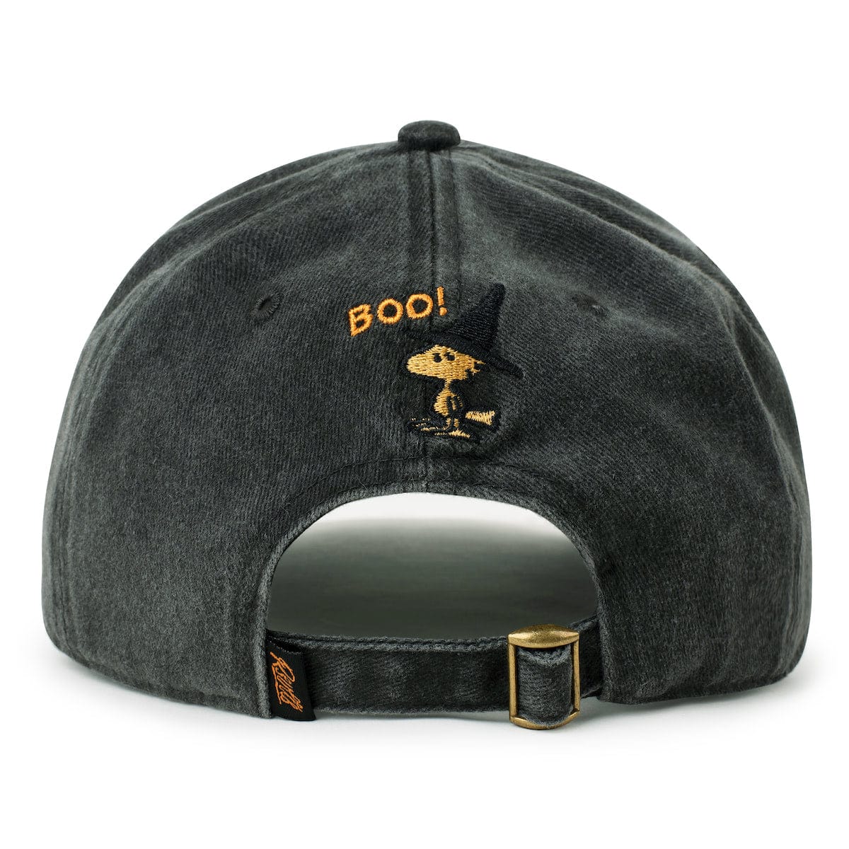 Charcoal dad hat underside view with “BOO!” embroidery and back strap