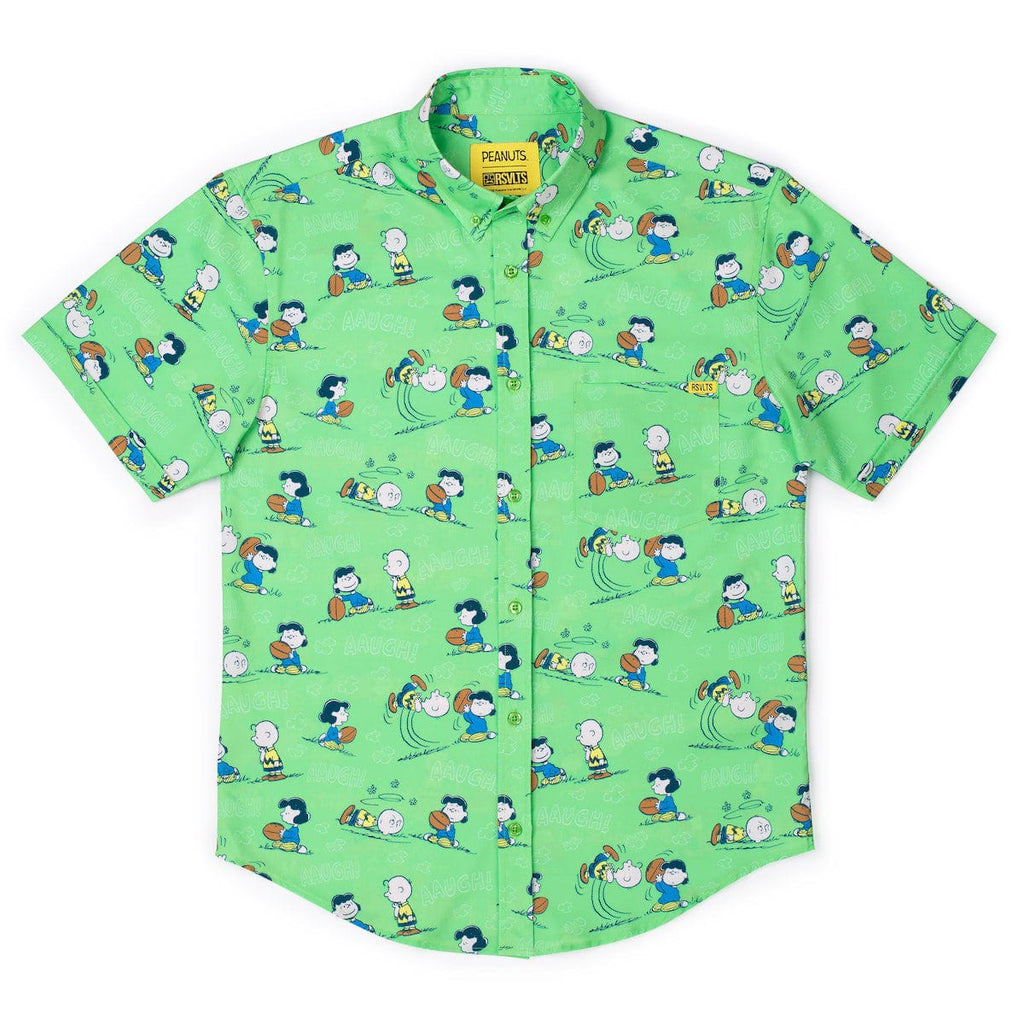 Green Peanuts short-sleeve button-up shirt, full front view, all-over character print