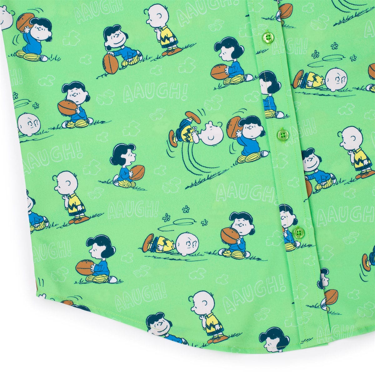 Green short-sleeve button-up shirt with all-over Peanuts character illustration pattern
