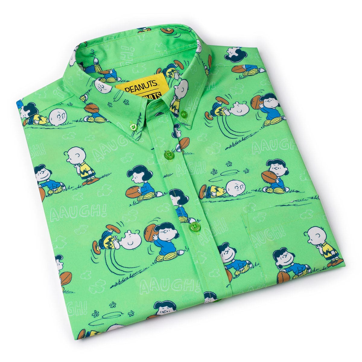 Green Peanuts short-sleeve button-up shirt, folded with collar label and character print