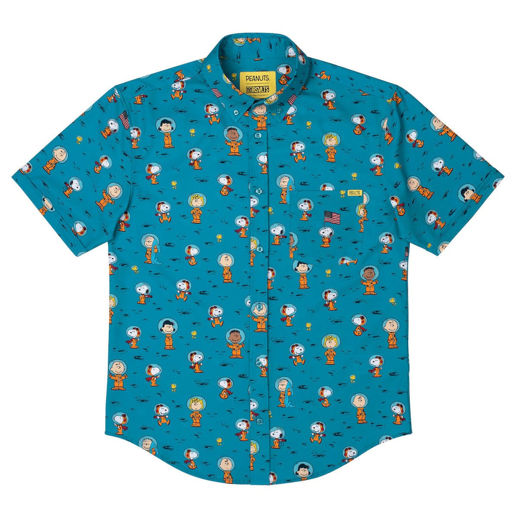Teal short-sleeve button-up shirt with repeating Peanuts characters pattern