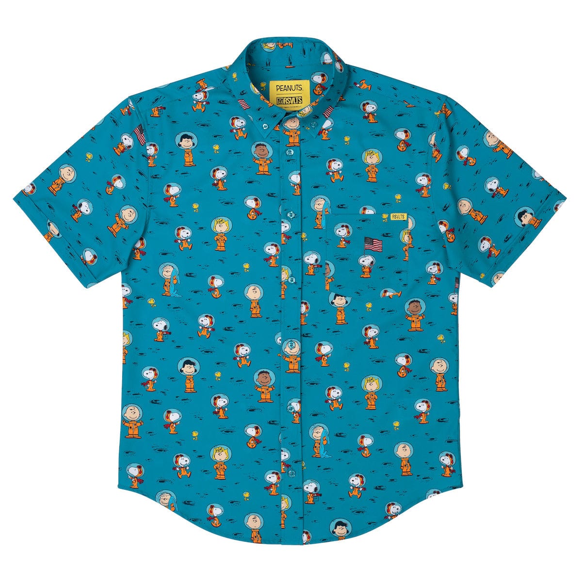Teal short-sleeve button-up shirt with repeating Peanuts characters pattern