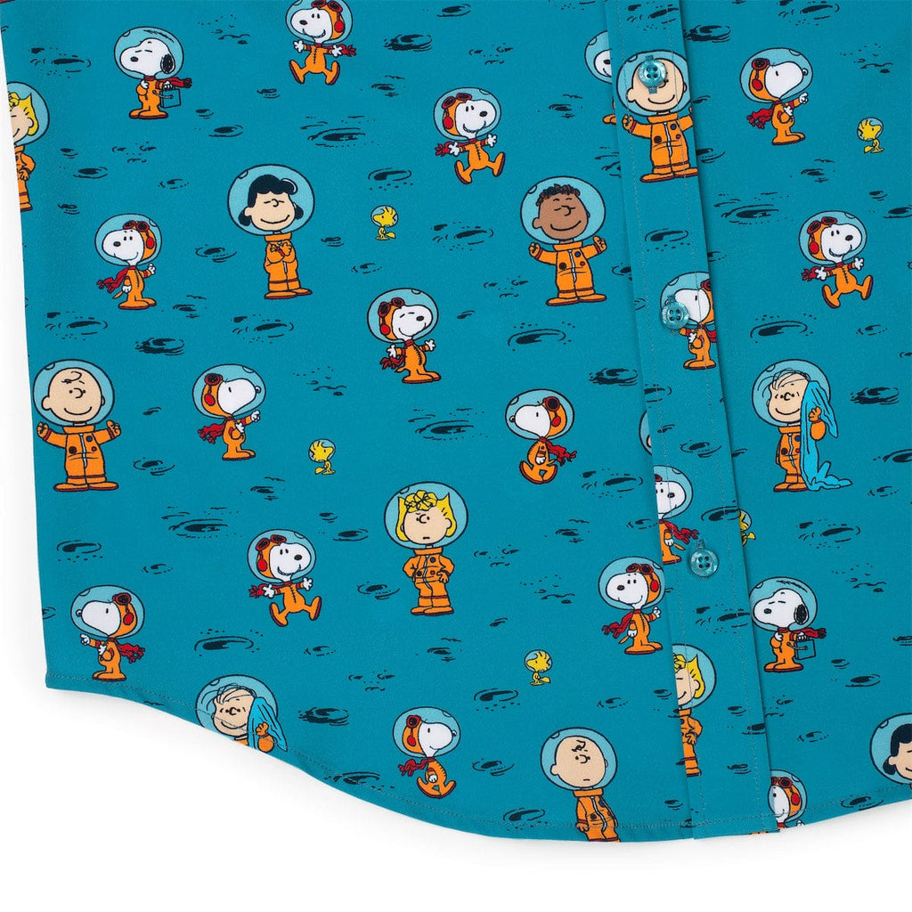 Teal short-sleeve shirt fabric with Peanuts characters and scattered small icons