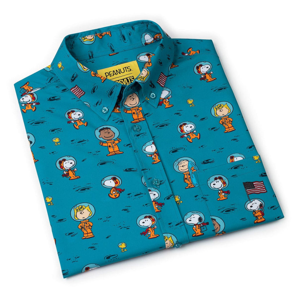 Folded teal short-sleeve Peanuts-print button-up shirt with collar and buttons