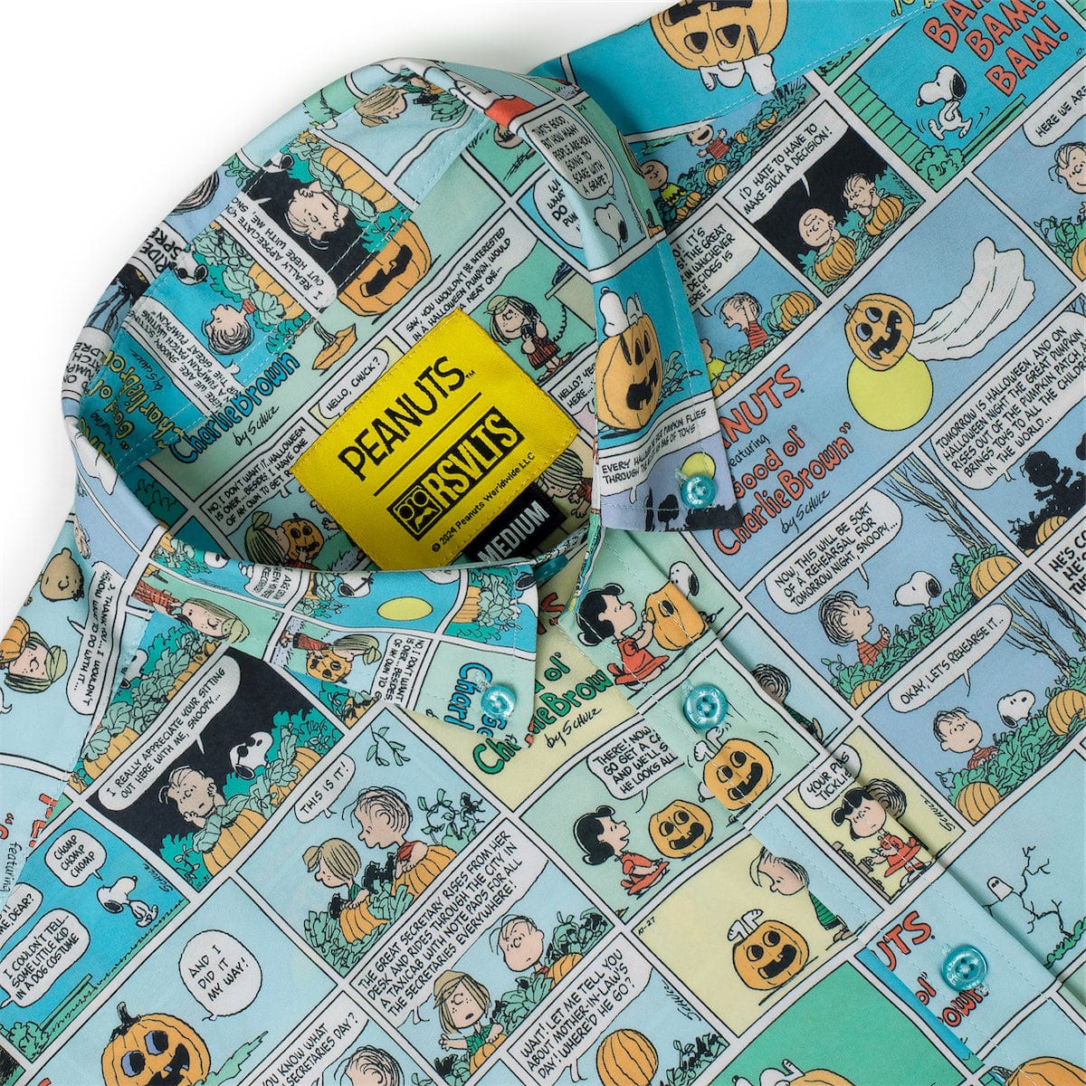 Close-up of light blue Peanuts comic fabric with “Good ol’ Charlie Brown” text