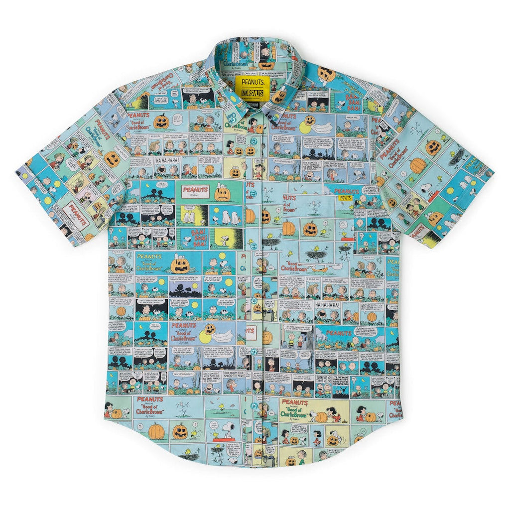 Light blue short sleeve button-up shirt with Peanuts comic strip and pumpkin blocks