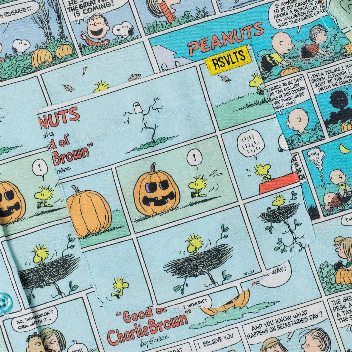 Close-up of light blue Peanuts comic strip fabric with “Good ol’ Charlie Brown”
