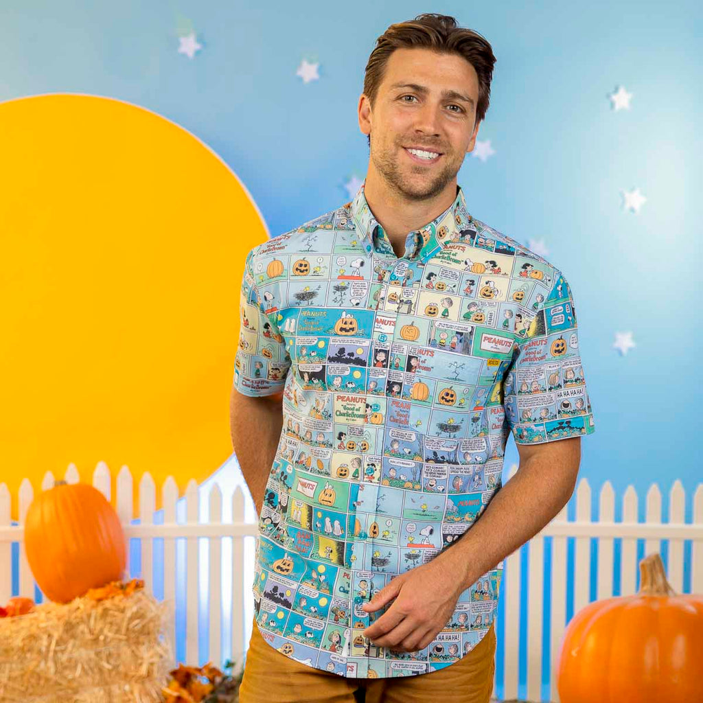Light blue short sleeve button-up shirt with Peanuts comic strip Halloween theme