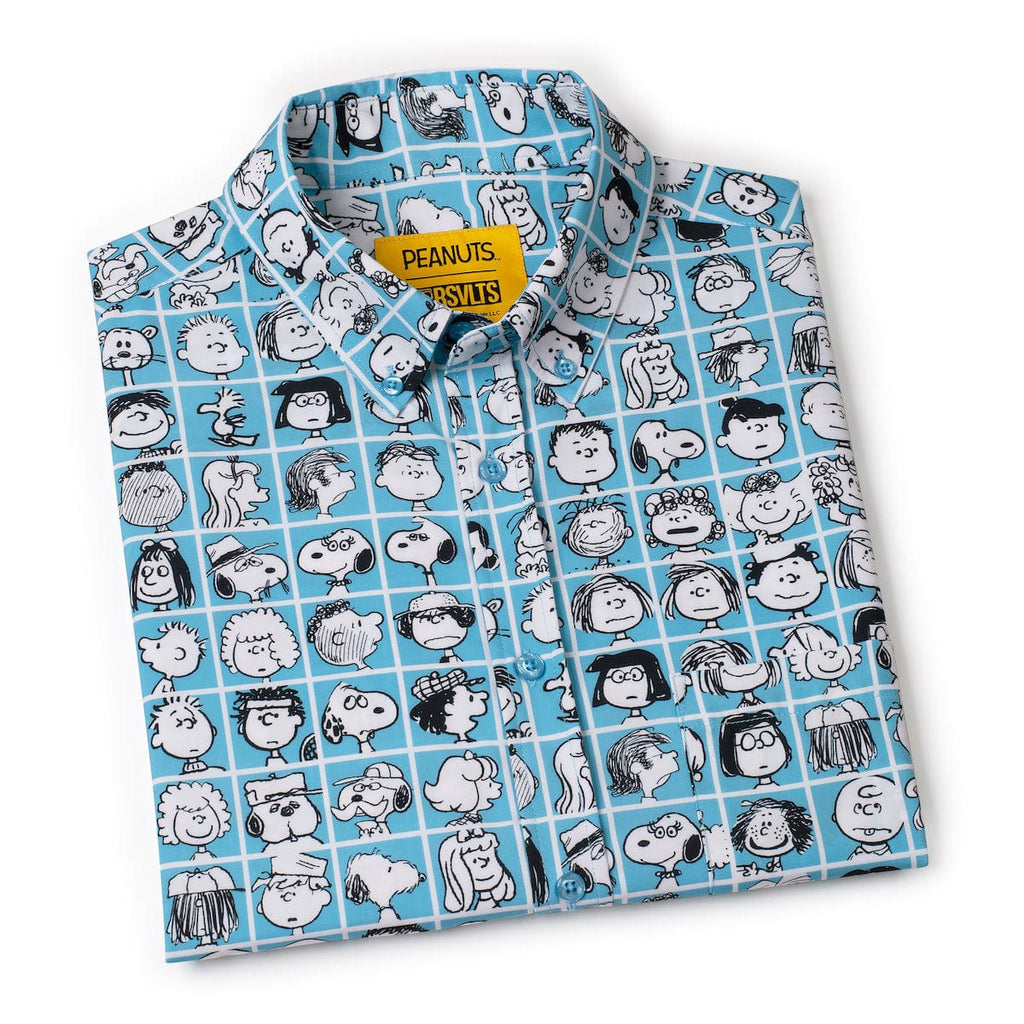 Blue short-sleeve collared shirt with Peanuts character print and yellow chest label