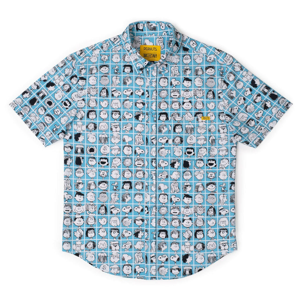 Blue short-sleeve collared button shirt with Peanuts character grid print