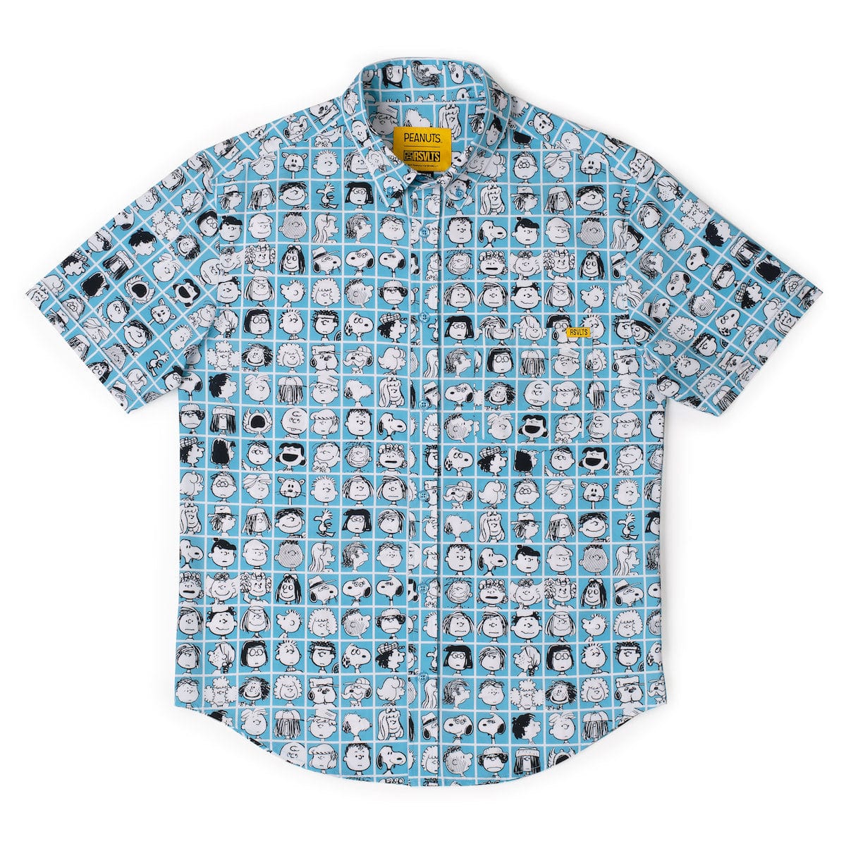 Blue short-sleeve collared button shirt with Peanuts character grid print