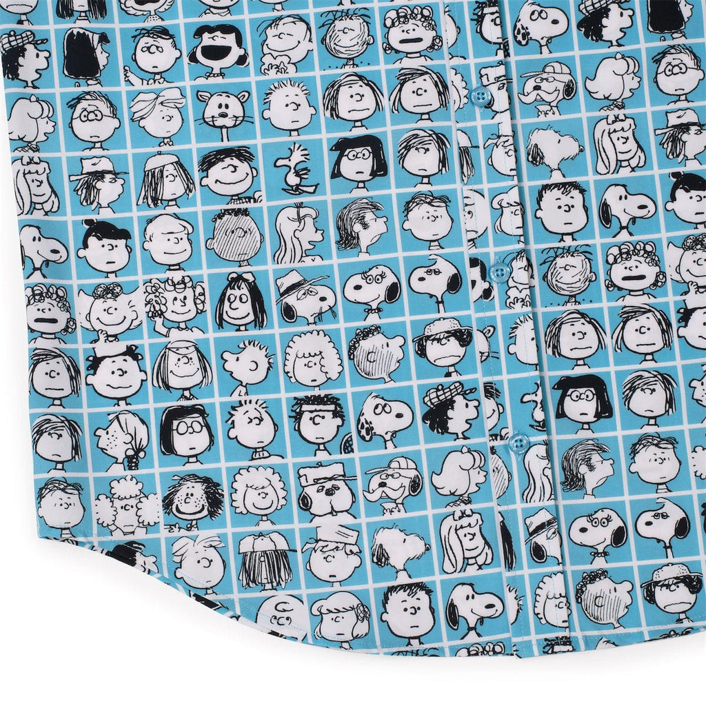 Peanuts character grid print on blue short-sleeve shirt fabric panel