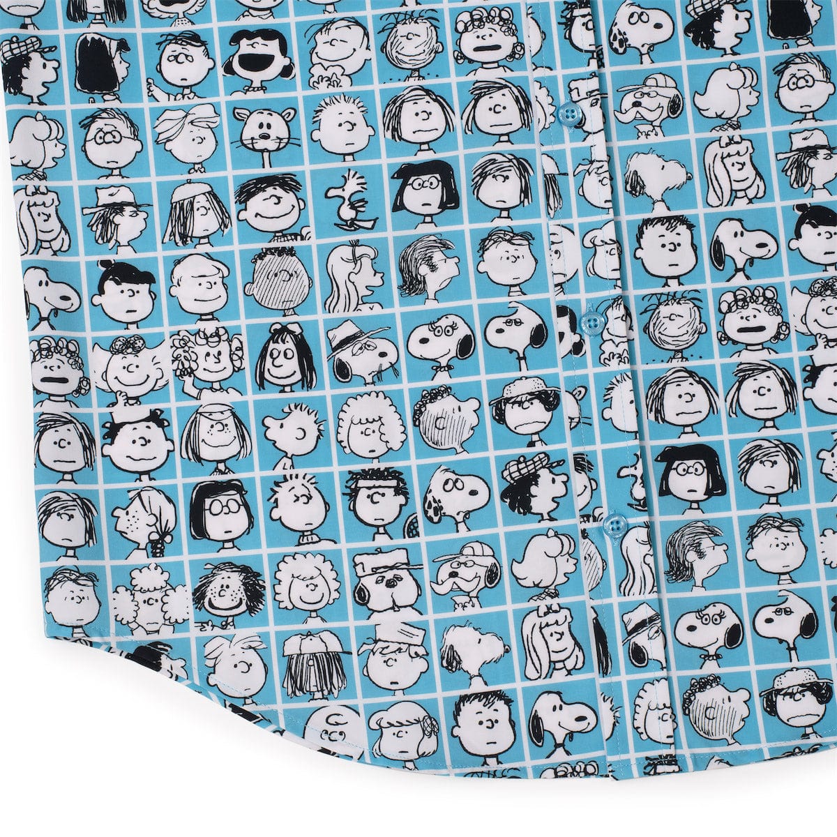 Peanuts character grid print on blue short-sleeve shirt fabric panel