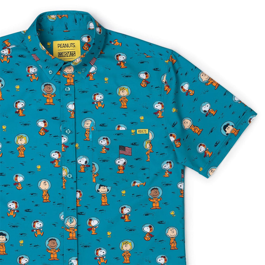 Teal short-sleeve button-up shirt with scattered Peanuts character print all over