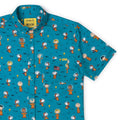 Teal short-sleeve button-up shirt with scattered Peanuts character print all over
