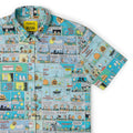 Light blue short sleeve shirt with Peanuts comic strip pattern and pumpkins