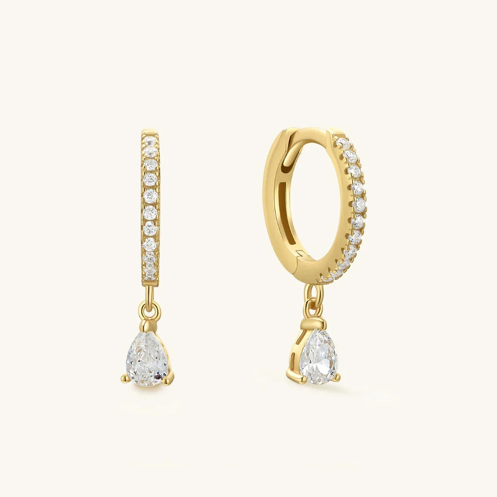 Gold-tone hoop earrings with clear stones and pear-drop dangle charms
