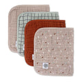 Set of 4 muslin burp cloths in taupe, mint, rust, and speckled light pink