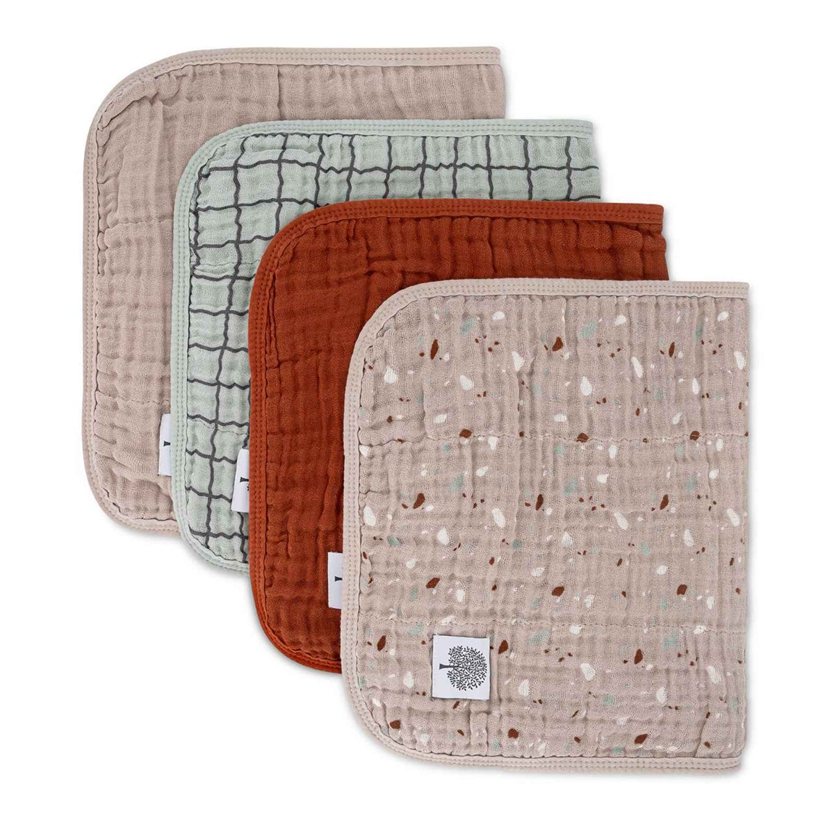 Set of 4 muslin burp cloths in taupe, mint, rust, and speckled light pink