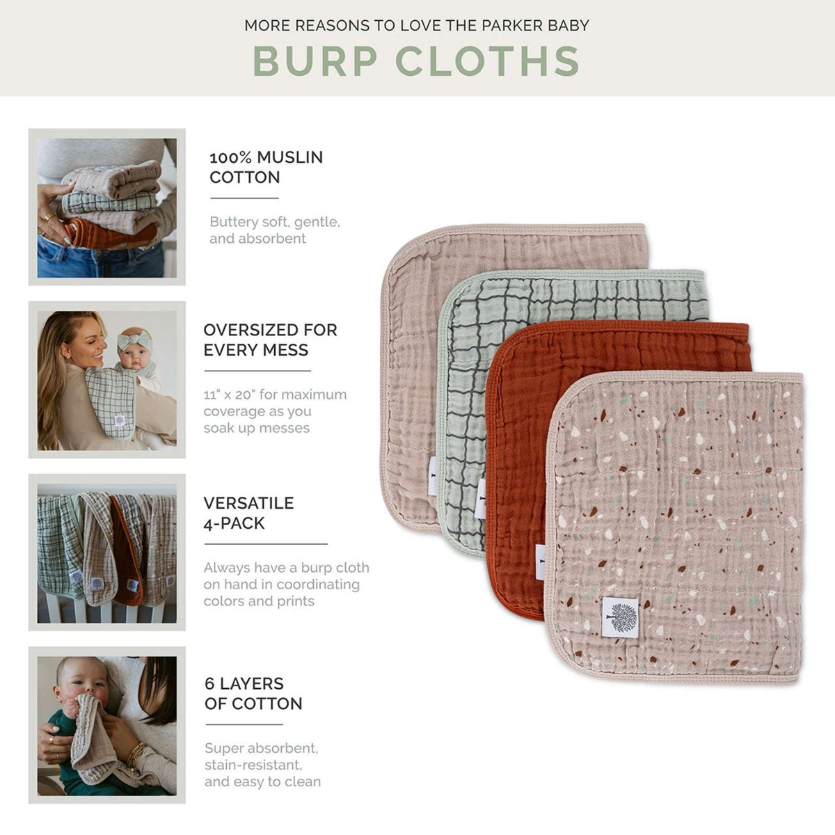 Pack of muslin burp cloths in beige, gray, rust, and white squares