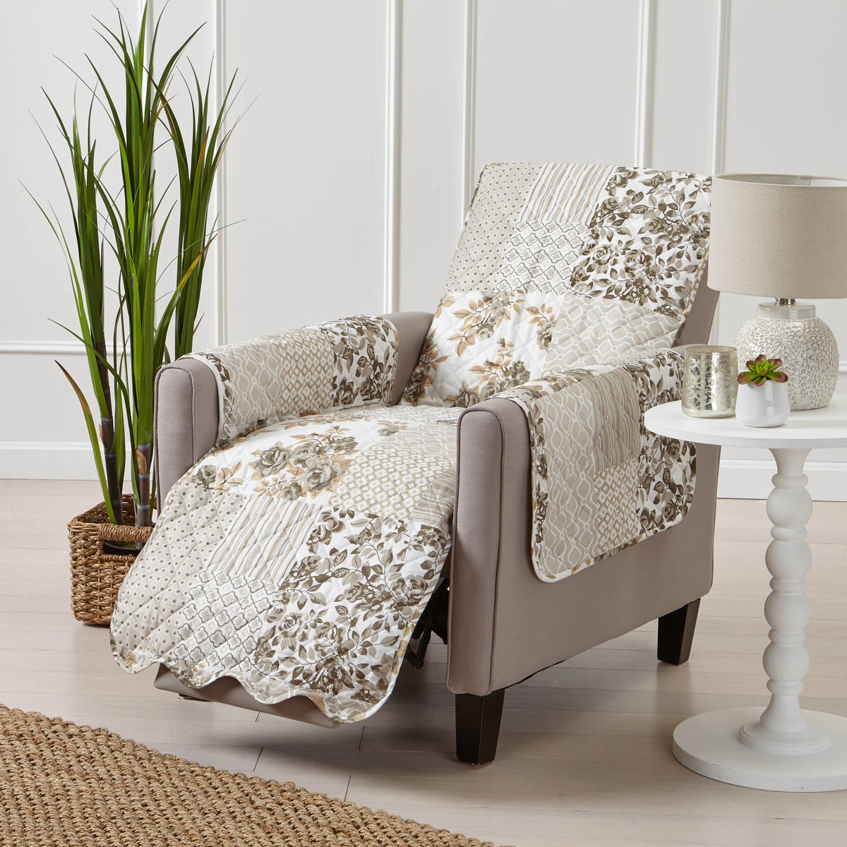 Reversible taupe patchwork armchair protector with floral top and geometric side panels