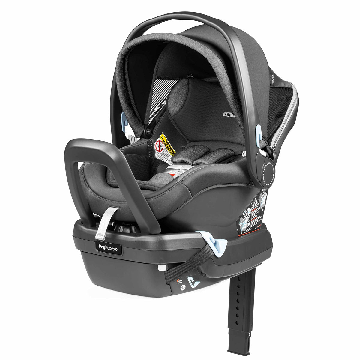 Grey Peg Perego rear-facing infant car seat with carry handle and canopy, includes base