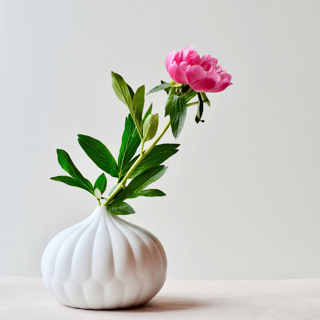 White textured porcelain vase with pink flower bouquet and green leaves, ribbed body.
