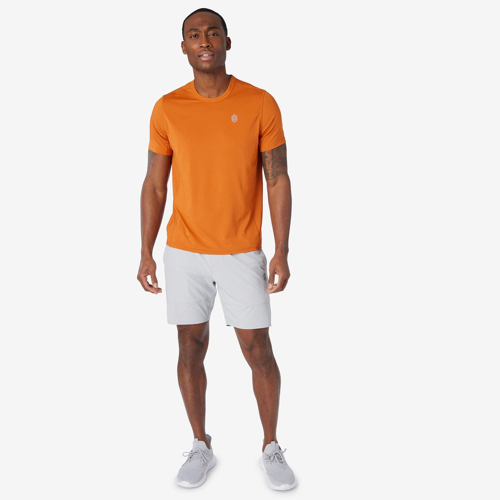 Ash gray training shorts with elastic waistband, drawstring, and logo detail