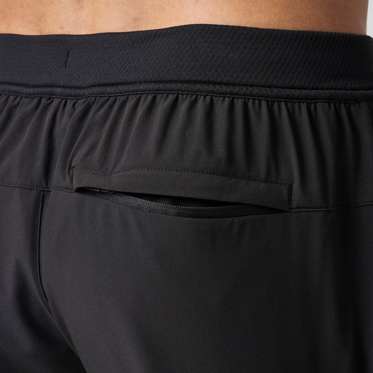 Black performance training shorts back yoke with elastic waistband and seam detail