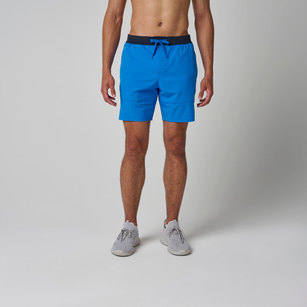 Men's performance training shorts, bright blue with navy waistband and drawstring