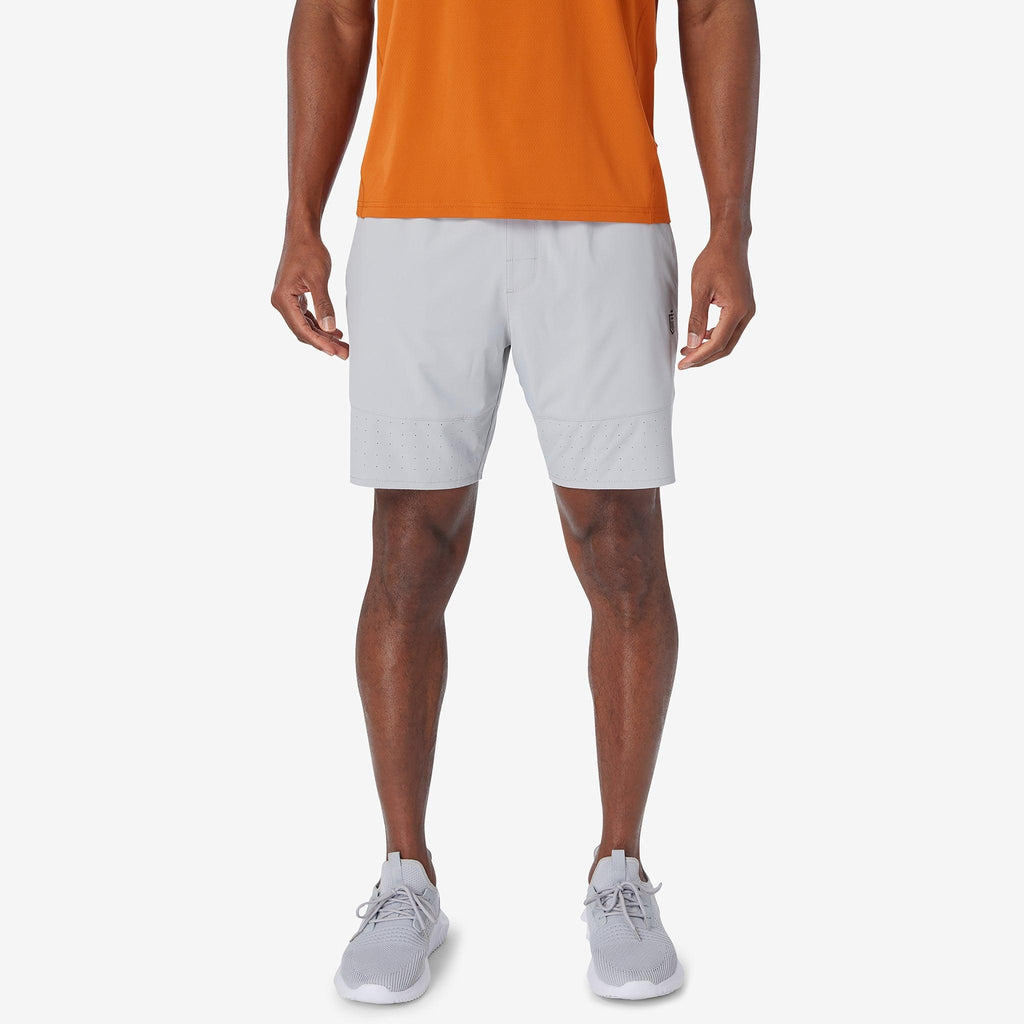 Ash gray shorts with drawstring waist and side vent slit near the hem