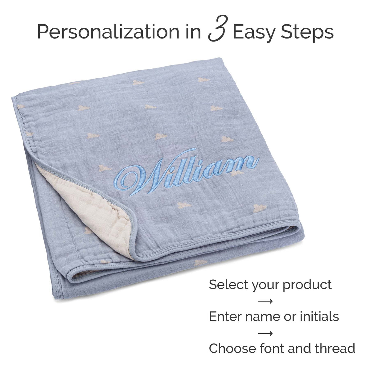 Light blue muslin quilt with cloud motifs and 'William' embroidery, folded