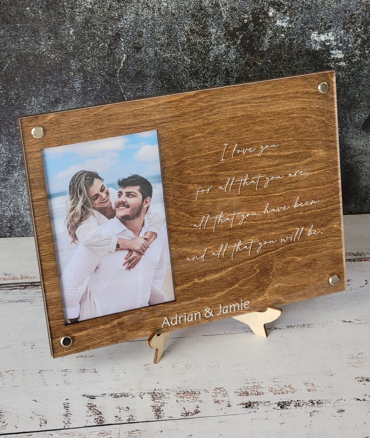 Walnut engraved picture frame with photo and handwritten I love you quote