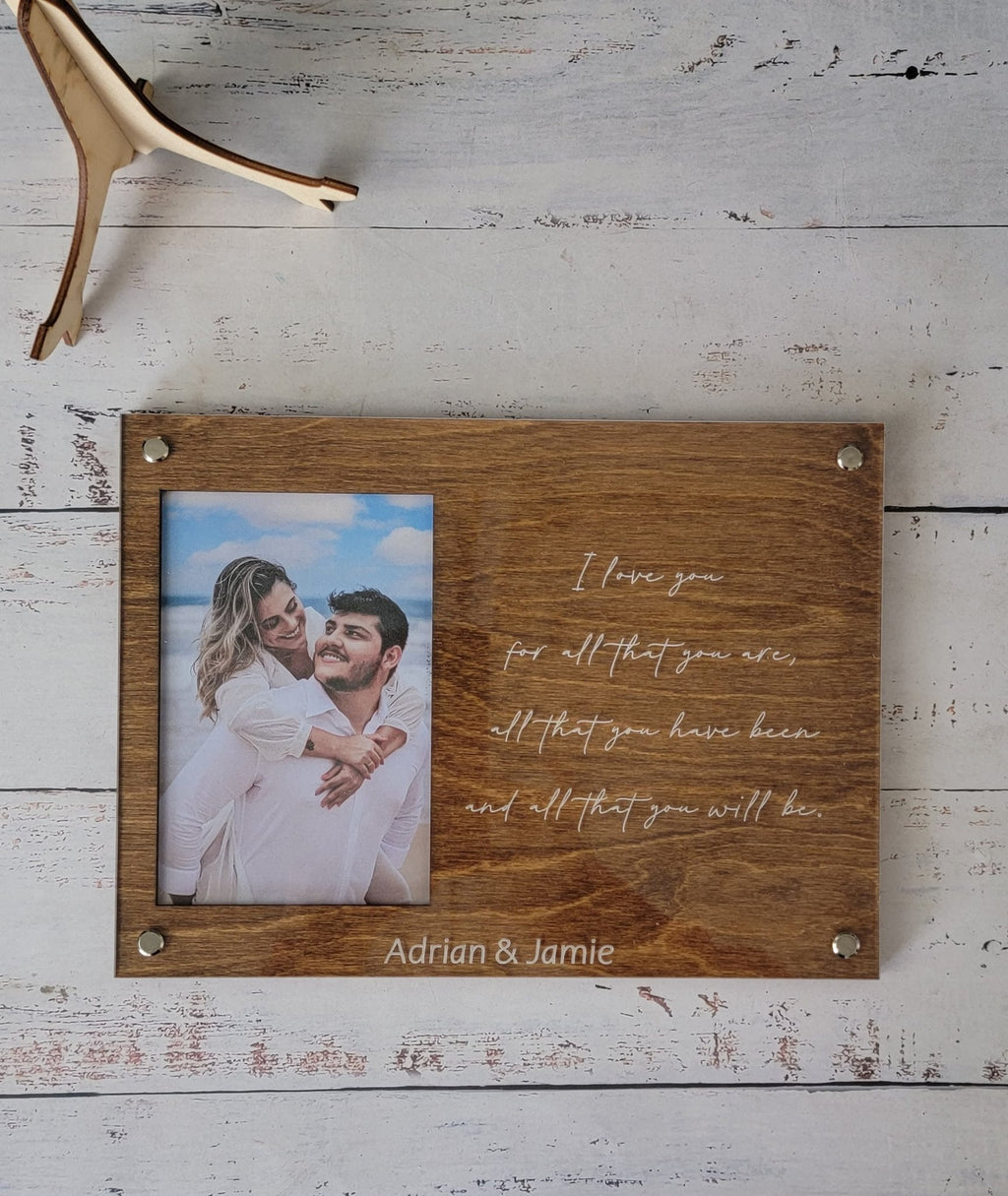 Walnut engraved picture frame with couple photo and custom message on wood panel