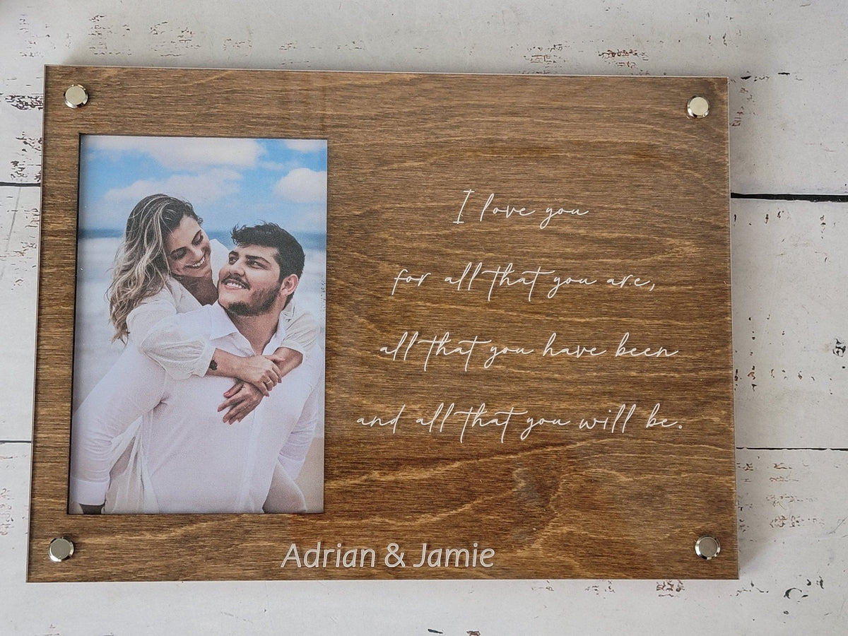 Walnut engraved picture frame with couple photo and cursive message with name Adrian & Jamie