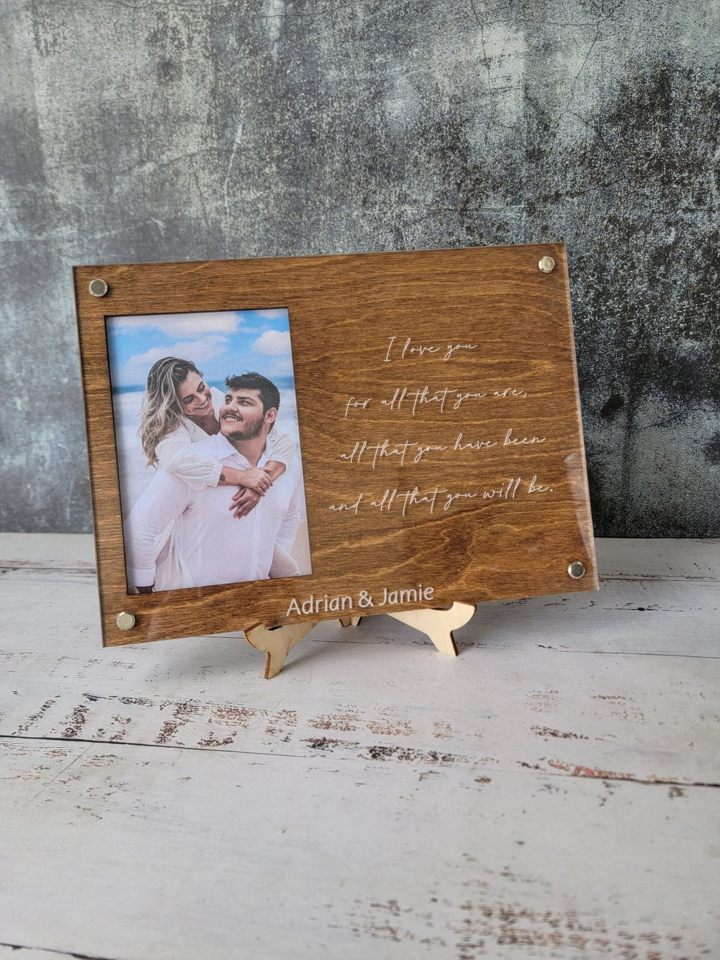 Walnut engraved picture frame with photo and cursive message for Adrian & Jamie