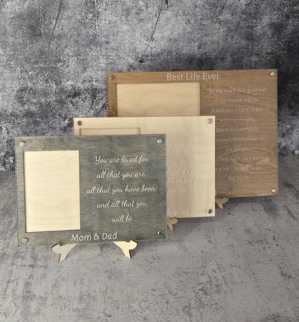 Slate grey engraved picture frame set with three frames and cursive message