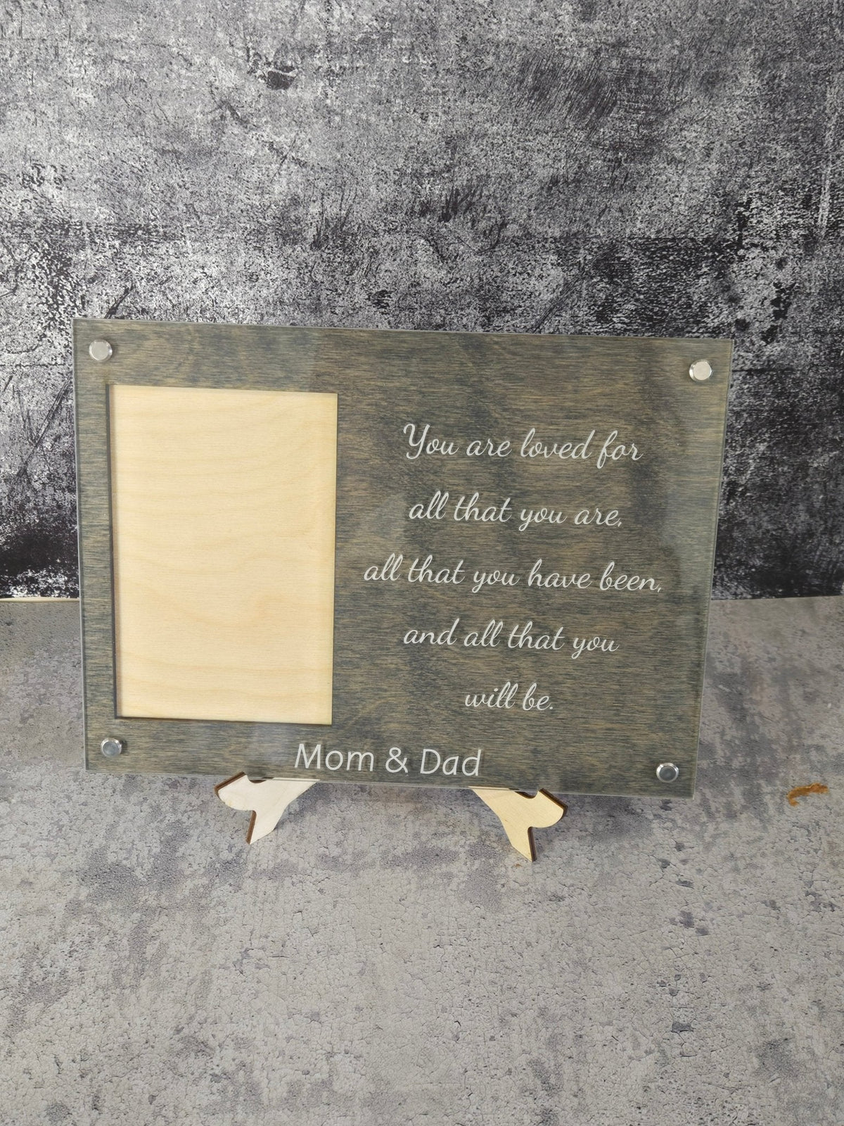 Slate grey engraved picture frame with blank photo insert and quote for Mom & Dad
