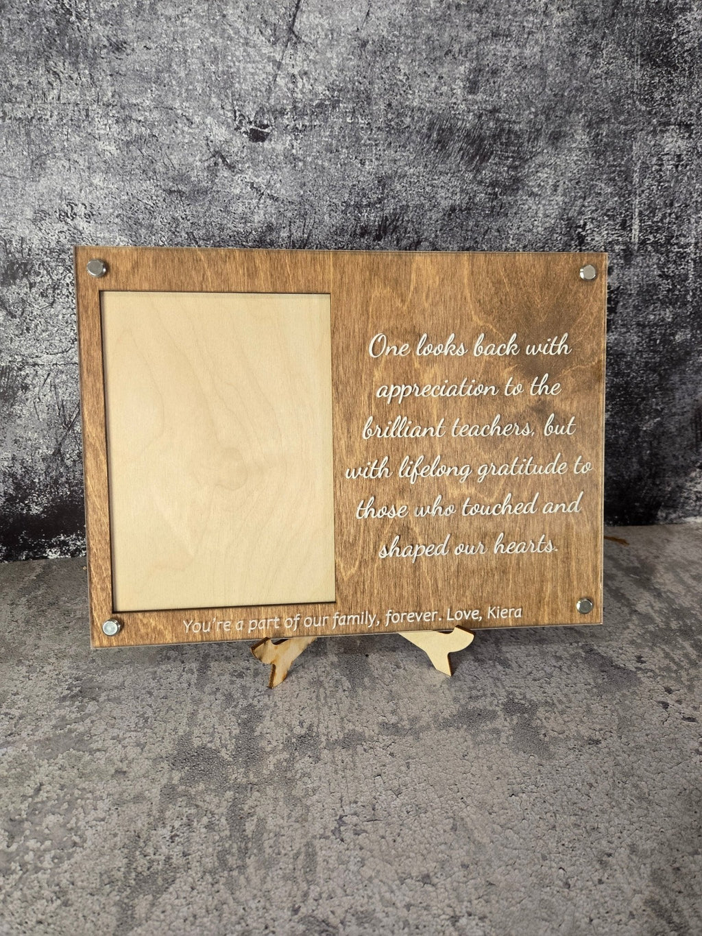 Slate grey engraved picture frame with blank photo insert and handwritten appreciation quote