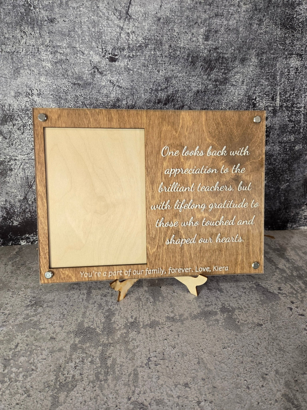 Slate grey engraved picture frame with blank photo insert and handwritten appreciation quote