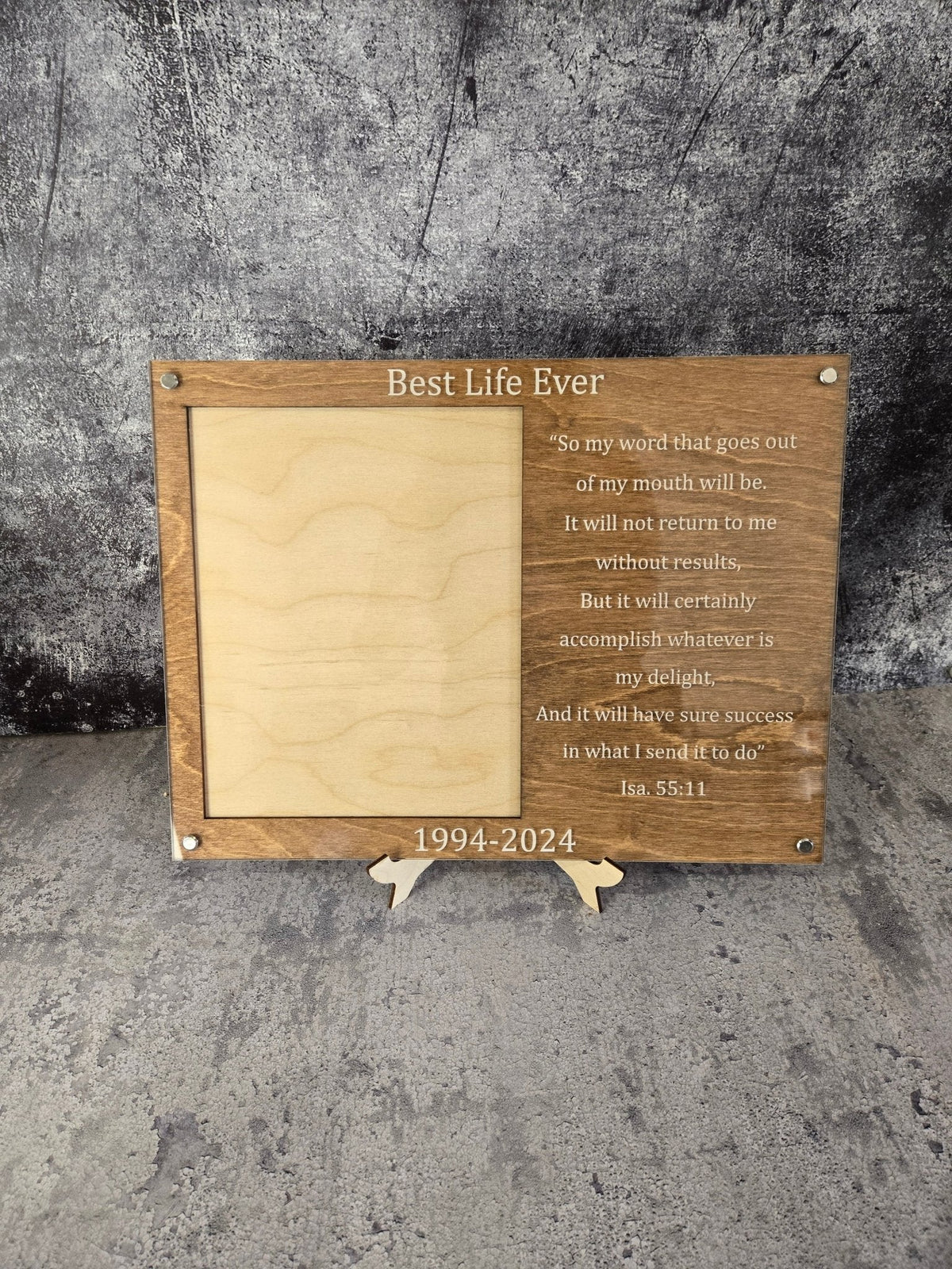 Walnut engraved picture frame with engraved quote panel and date 1994–2024