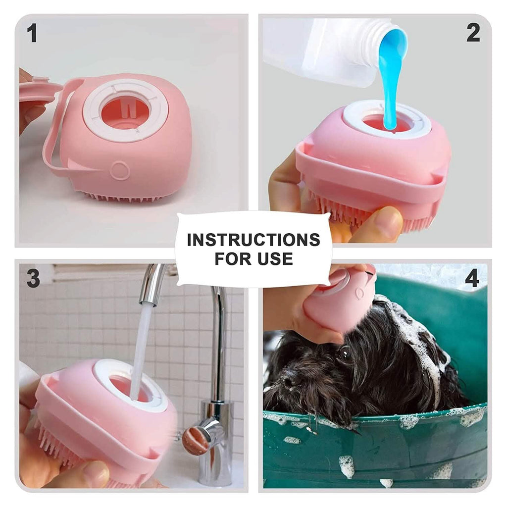 Pink pet bath brush shown dispensing water from the top cover during use