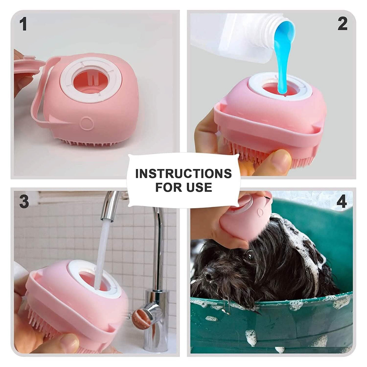 Pink pet bath brush shown dispensing water from the top cover during use