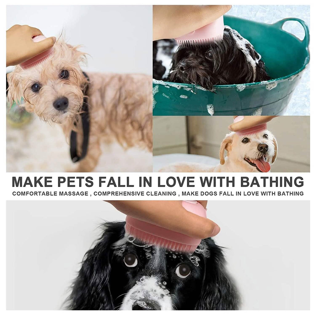 Pink pet bath brush being used on a dog during bathing