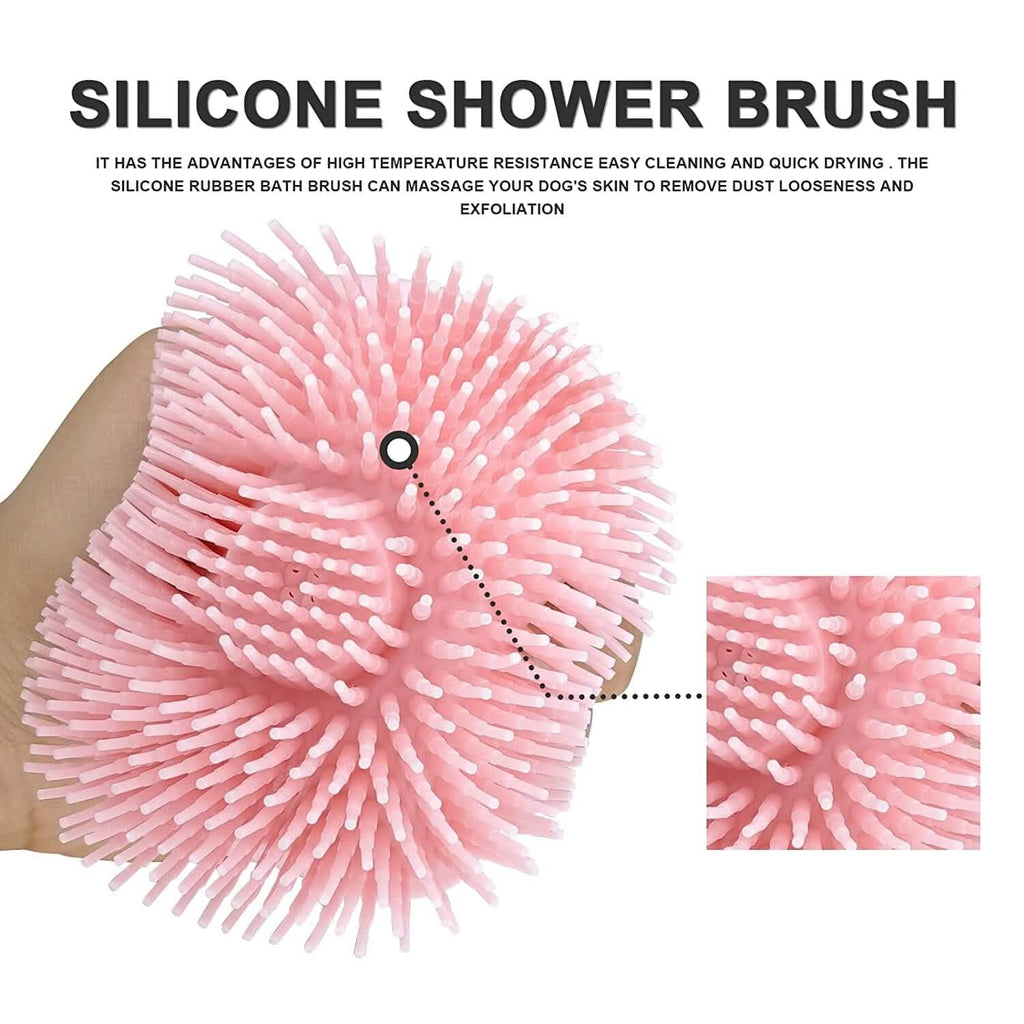 Pink silicone shower brush with dense spiked bristles for massaging and exfoliating