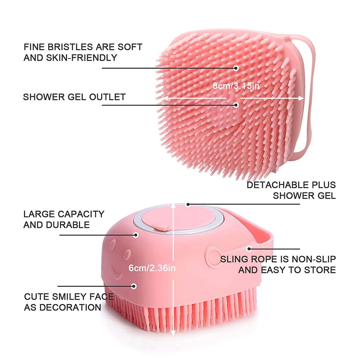Pink shower brush with handle loop and bristle head plus shower-gel outlet