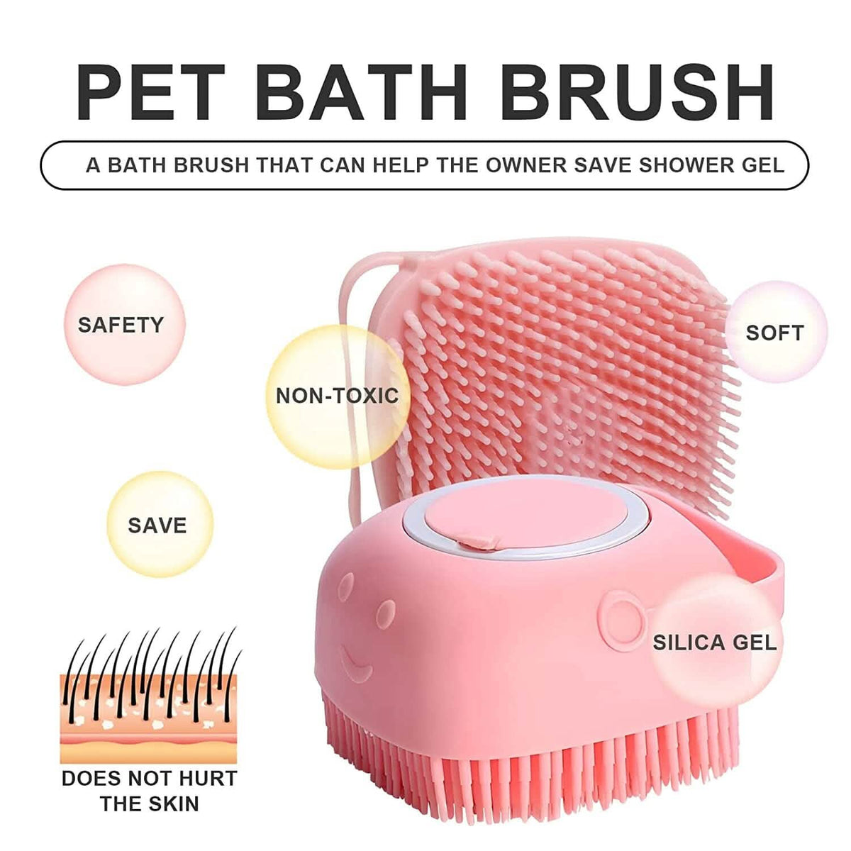 Pink pet bath brush with round lid and dense silicone bristles for gentle scrubbing