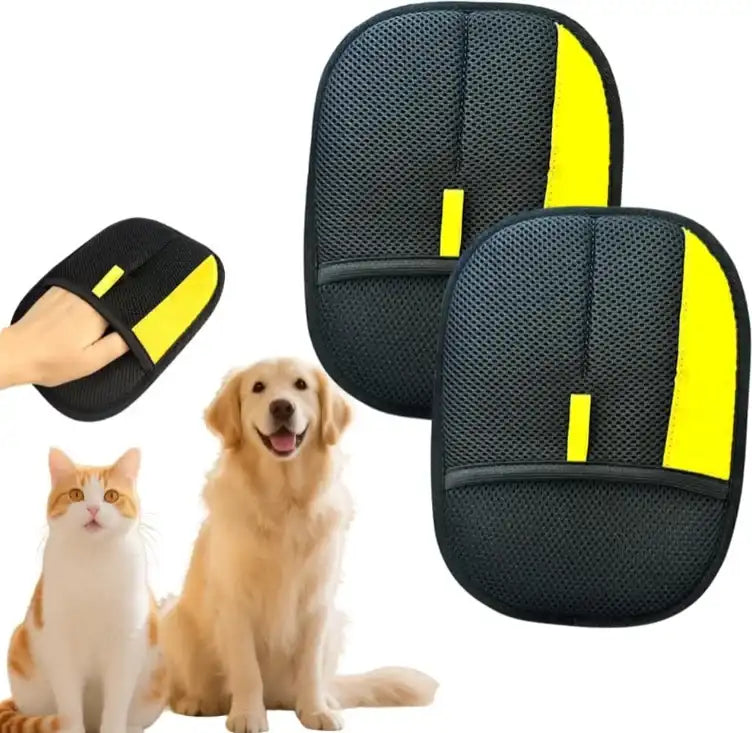 Pet grooming hair removal glove, dark gray fabric with neon yellow trim, oval palm
